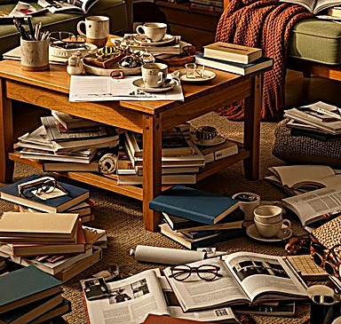 A lived-in living room with books and coffee cups scattered across the table